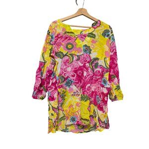 Boho Indian Cotton Floral Tunic Top Size L Pink Yellow Paisley Peasant Festival